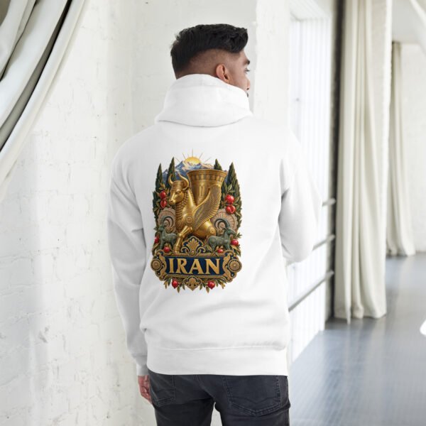 unisex-premium-pullover-hoodie-white-back-6acb94f83ccaa.jpg White Gate of All Nations Iran unisex hoodie, back view with golden Achaemenid winged rhyton with ibex design