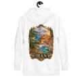 White Iranian Cheetah unisex hoodie, back view with Iran’s landscapes from Mount Damavand to the Persian Gulf design