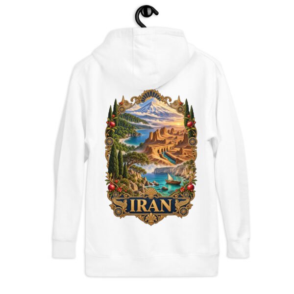White Iranian Cheetah unisex hoodie, back view with Iran’s landscapes from Mount Damavand to the Persian Gulf design