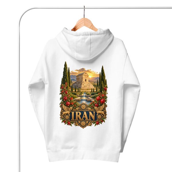 White Tomb of Cyrus Iran unisex hoodie, back view with Tomb of Cyrus the Great at Pasargadae at sunset design