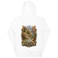 White Persian Garden Iran unisex hoodie, back view with Persian garden with flowing water channels and arches design