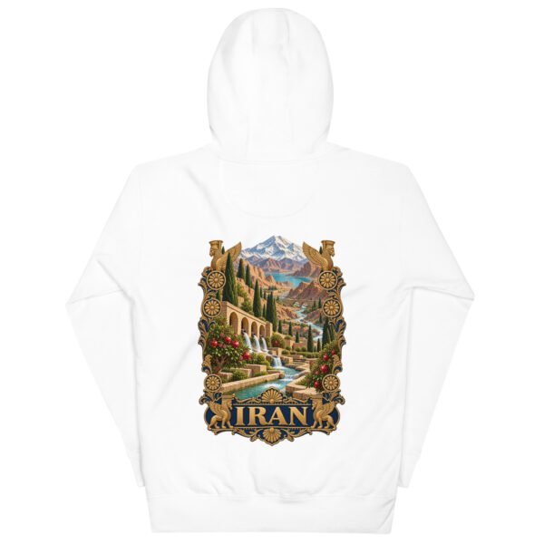White Persian Garden Iran unisex hoodie, back view with Persian garden with flowing water channels and arches design