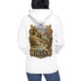 White Persian Garden Iran unisex hoodie, back view with Persian garden with flowing water channels and arches design