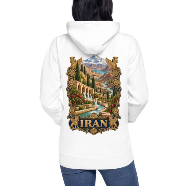 White Persian Garden Iran unisex hoodie, back view with Persian garden with flowing water channels and arches design