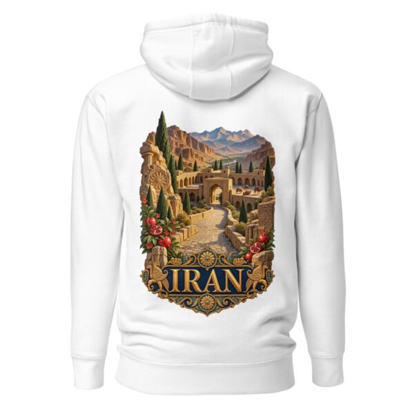 White Silk Road Iran unisex hoodie, back view with Persian caravanserai and camel caravan on the Silk Road design
