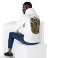 White Simurgh Iran unisex hoodie, back view with Simurgh, the mythical bird of Persia, above snowy mountains design