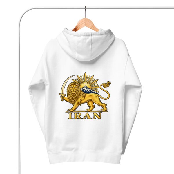 White Lion and Sun Damavand unisex hoodie, back view with Lion and Sun emblem and IRAN design
