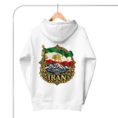 White Iran Lion and Sun Flag unisex hoodie, back view with Lion and Sun flag over Mount Damavand design