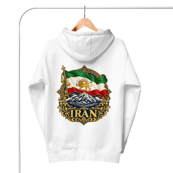 unisex-premium-pullover-hoodie-white-back-6acba6c36fdb3.jpg White Iran Lion and Sun Flag unisex hoodie, back view with Lion and Sun flag over Mount Damavand design