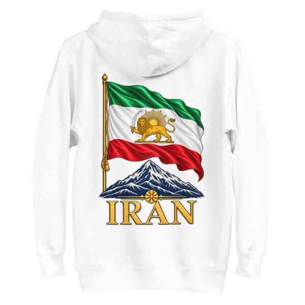 White Lion and Sun Flag unisex hoodie, back view with waving Lion and Sun flag over Mount Damavand design