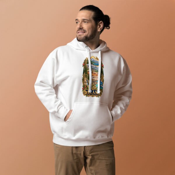 White Tomb of Cyrus Iran unisex hoodie with panorama of Iran’s mountains, lakes, deserts and sea design, front view