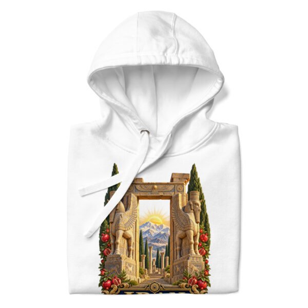 unisex-premium-pullover-hoodie-white-front-6acb94f83b29e.jpg White Gate of All Nations Iran unisex hoodie with Gate of All Nations with winged Lamassu guardians and rising sun design, front view