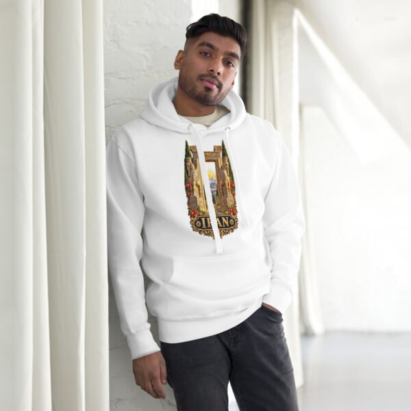 unisex-premium-pullover-hoodie-white-front-6acb94f83bfa7.jpg White Gate of All Nations Iran unisex hoodie with Gate of All Nations with winged Lamassu guardians and rising sun design, front view