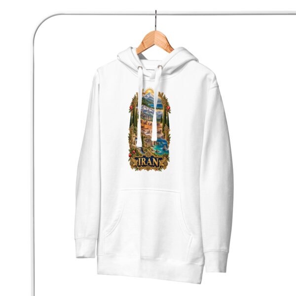 White Tomb of Cyrus Iran unisex hoodie with panorama of Iran’s mountains, lakes, deserts and sea design, front view