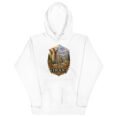 White Persian Garden Iran unisex hoodie with ancient Persian columns before snowy mountains design, front view