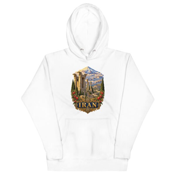White Persian Garden Iran unisex hoodie with ancient Persian columns before snowy mountains design, front view