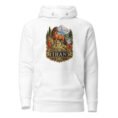 White Silk Road Iran unisex hoodie with Iranian horse in the mountains design, front view