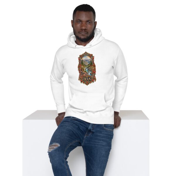White Simurgh Iran unisex hoodie with mountain valley with a stream, cypress trees and pomegranates design, front view