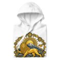 White Lion and Sun Damavand unisex hoodie, front with golden Lion and Sun with Mount Damavand design
