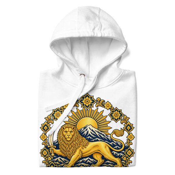 White Lion and Sun Damavand unisex hoodie, front with golden Lion and Sun with Mount Damavand design