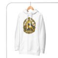 White Lion and Sun Damavand unisex hoodie, front with golden Lion and Sun with Mount Damavand design