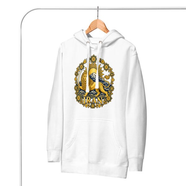 White Lion and Sun Damavand unisex hoodie, front with golden Lion and Sun with Mount Damavand design