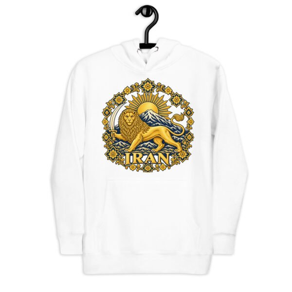 White Lion and Sun Map of Iran unisex hoodie, front with Lion and Sun medallion design