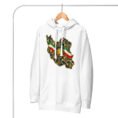White Iran Lion and Sun Flag unisex hoodie, front with map of Iran with tricolor ribbon and Lion and Sun design