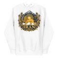 White Lion and Sun Flag unisex hoodie, front with golden Lion and Sun crest with Damavand design