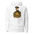 White Reza Shah Lion and Sun unisex hoodie, front with Reza Shah portrait with Lion and Sun crest design