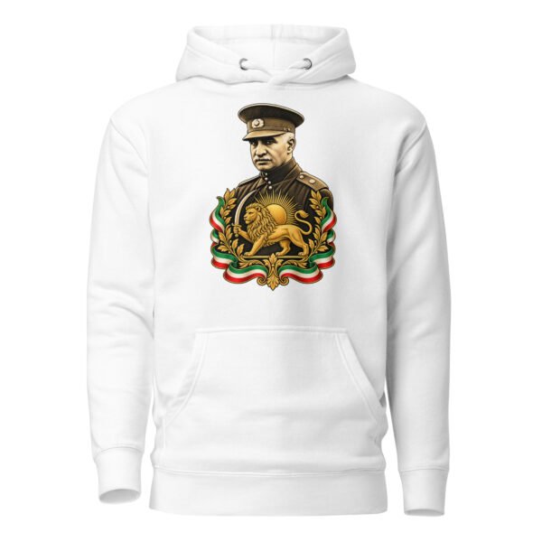 White Reza Shah Lion and Sun unisex hoodie, front with Reza Shah portrait with Lion and Sun crest design