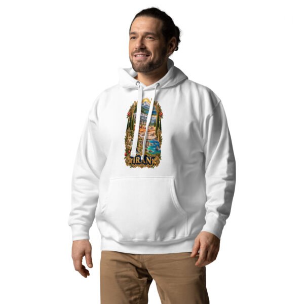 White Tomb of Cyrus Iran unisex hoodie with panorama of Iran’s mountains, lakes, deserts and sea design, front view