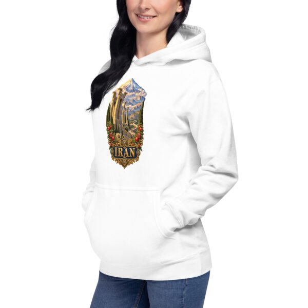 White Persian Garden Iran unisex hoodie with ancient Persian columns before snowy mountains design, front view