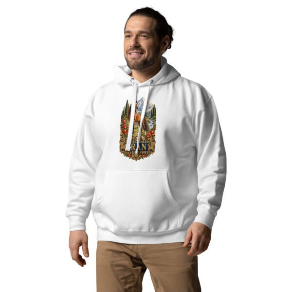 White Silk Road Iran unisex hoodie with Iranian horse in the mountains design, front view