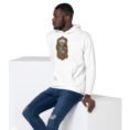 White Simurgh Iran unisex hoodie with mountain valley with a stream, cypress trees and pomegranates design, front view