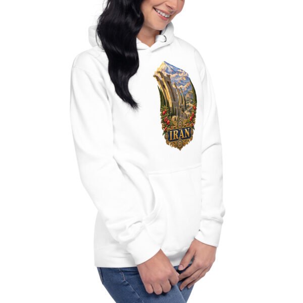 White Persian Garden Iran unisex hoodie with ancient Persian columns before snowy mountains design, front view