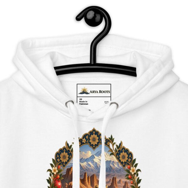 White Iranian Cheetah unisex hoodie with Iranian cheetah in a desert canyon design
