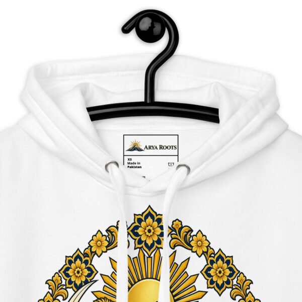 White Lion and Sun Map of Iran unisex hoodie, front with Lion and Sun medallion design