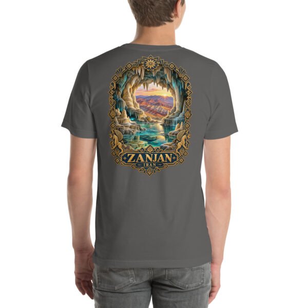 Asphalt Zanjan unisex t-shirt, back view with Katale Khor cave and the colorful mountains of Mahneshan design