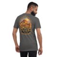 Asphalt Yazd unisex t-shirt, back view with Dowlatabad Garden windcatcher and Persian garden design