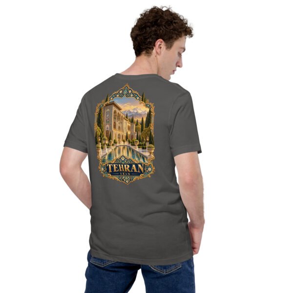 Asphalt Tehran unisex t-shirt, back view with Azadi Tower and Mount Damavand design
