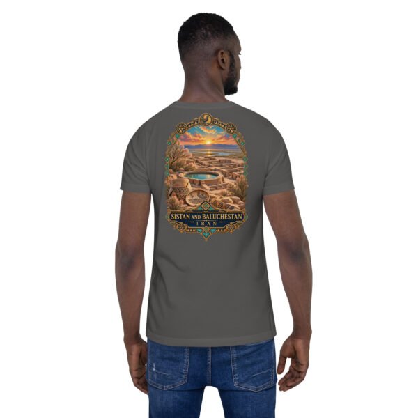 Asphalt Sistan and Baluchestan unisex t-shirt, back view with Makran coast and the miniature mountains of Chabahar design