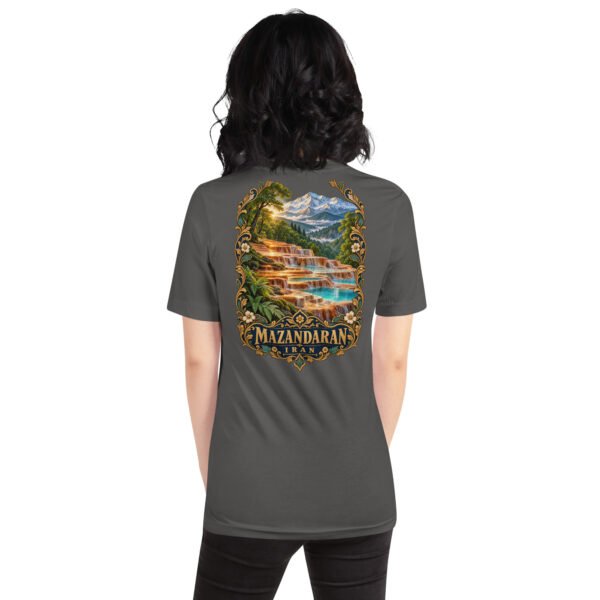 Asphalt Mazandaran unisex t-shirt, back view with Veresk Bridge and the slopes of the Alborz design