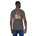 Asphalt Markazi unisex t-shirt, back view with mountains of Haftad Gholleh in central Iran design
