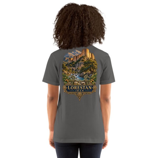 Asphalt Lorestan unisex t-shirt, back view with Falak-ol-Aflak Castle in Khorramabad design