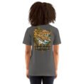 Asphalt Khuzestan unisex t-shirt, back view with Shushtar Historical Hydraulic System and its waterfalls design