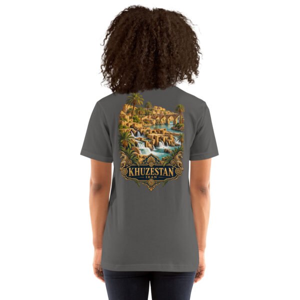 Asphalt Khuzestan unisex t-shirt, back view with Shushtar Historical Hydraulic System and its waterfalls design