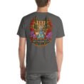 Asphalt South Khorasan unisex t-shirt, back view with Lut Desert with barberry and saffron fields design