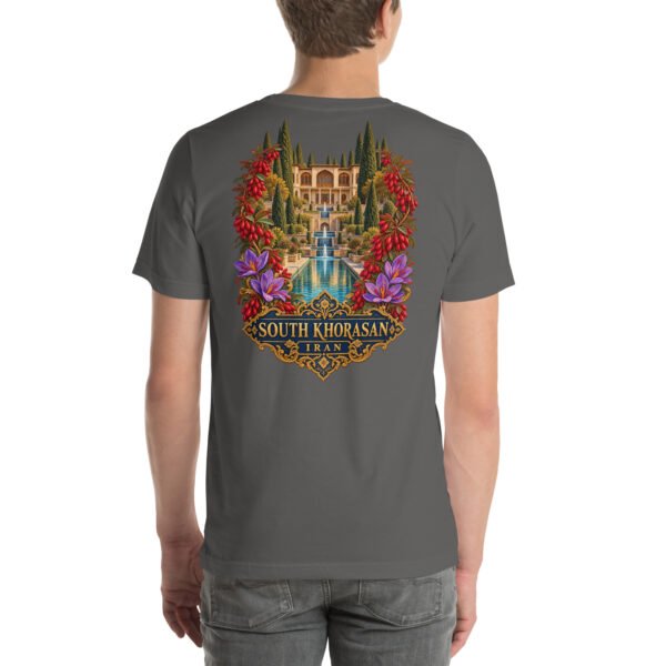 Asphalt South Khorasan unisex t-shirt, back view with Lut Desert with barberry and saffron fields design