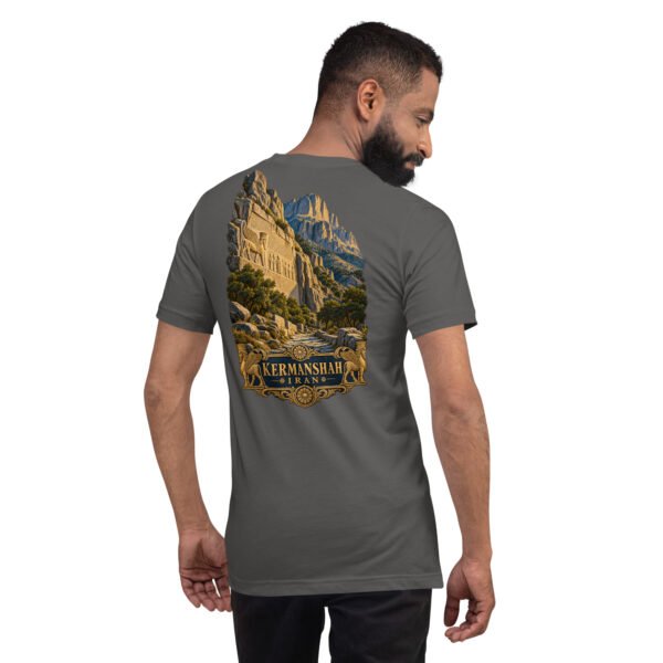 Asphalt Kermanshah unisex t-shirt, back view with Behistun Inscription of Darius the Great design